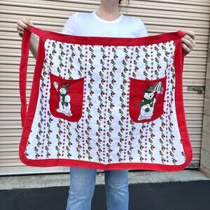 Vintage Christmas half Apron, Snowman, pockets, 100% cotton, holly, snowflakes